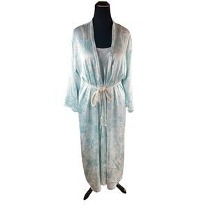 Oscar de la renta pink label cami nighty robe set blue floral rope M/L